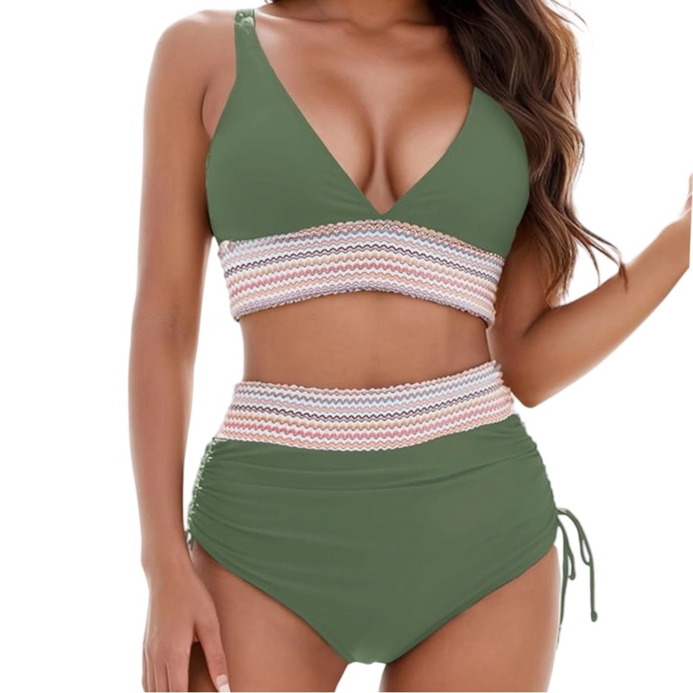 Green Multi Rainbow Colored Striped Women's Bikini Set NWT Size Large Sage Green